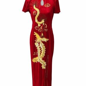 Red Embroidered Cheongsam / Qipao Dress – Gold Dragon & Phoenix Design